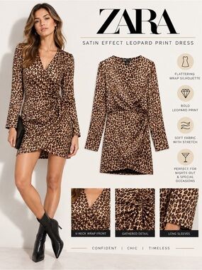 ZARA Brown Leopard Satin Effect Wrap Mini Dress Size S NWT